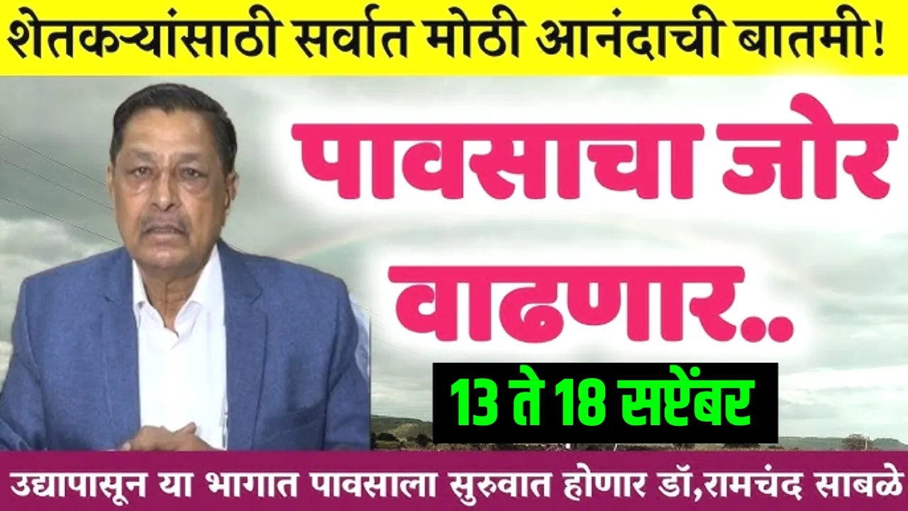 हवामान अंदाज: डॉ. रामचंद्र साबळे यांचा नवीन अंदाज, १३ सप्टेंबरनंतर राज्यात पुन्हा जोरदार पाऊस! Ramchandra Sable Hawaman